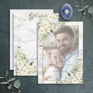 Light Grey White Floral Gold Marble Photo Wedding Invitation
