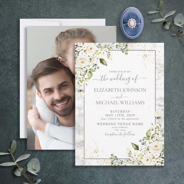 Light Grey White Floral Gold Marble Photo Wedding Invitation (Creator Uploaded)