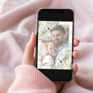 Light Grey White Floral Gold Marble Photo Wedding Invitation