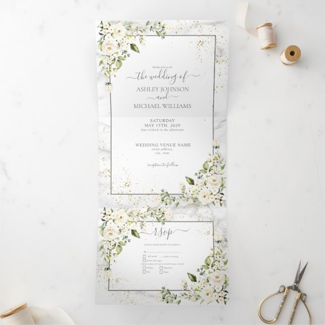 Light Grey White Floral Gold Marble Photo Wedding Tri-Fold Invitation (Inside)