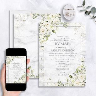 Light Grey White Floral Gold Marble Shower by Mail Invitation