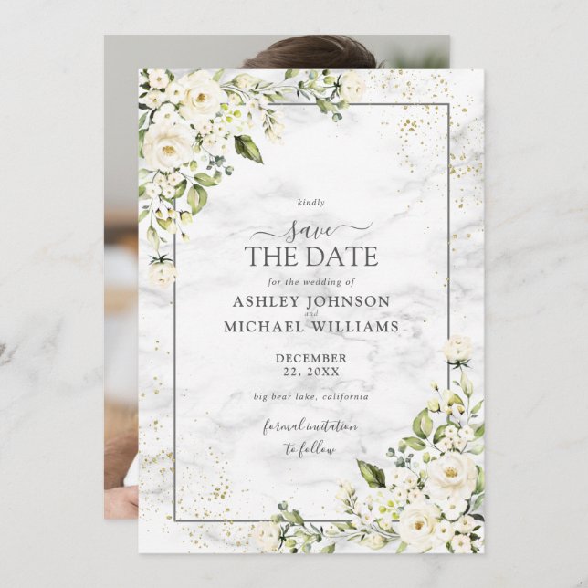 Light Grey White Floral Gold Photo Save the Date (Front/Back)