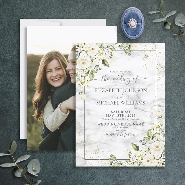 Light Grey White Floral Gold Script Photo Wedding Invitation (Creator Uploaded)