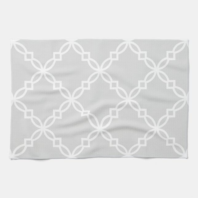 Light Grey White Large Fancy Quatrefoil Pattern Tea Towel (Horizontal)
