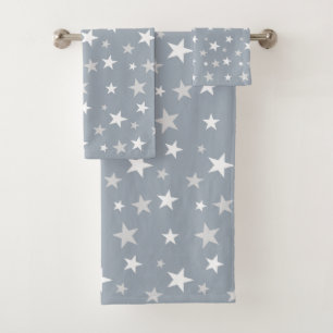 Light Grey & White Stars on Light Silver Grey Bath Towel Set