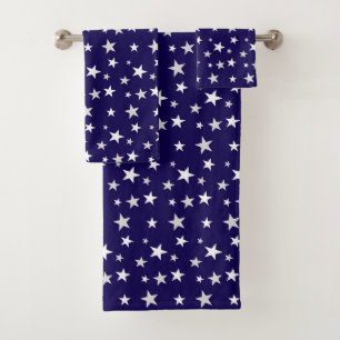 Light Grey & White Stars on Navy Blue Bath Towel Set