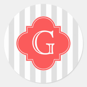 Light Grey White Stripes Coral Red Monogram Label