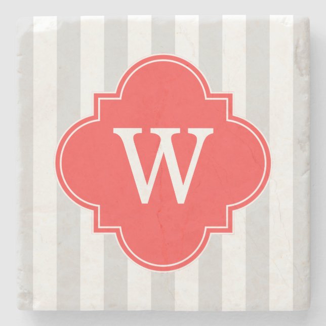 Light Grey White Stripes Coral Red Monogram Label Stone Coaster (Front)