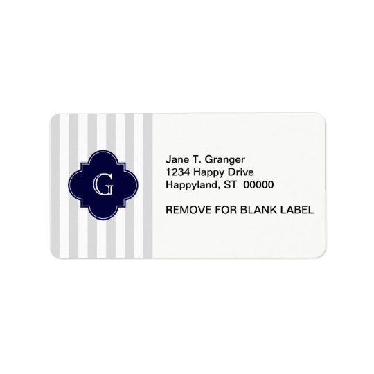Light Grey White Stripes, Navy Blue Label Monogram Address Label