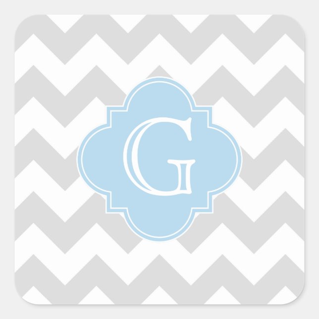 Light Grey Wht Chevron Lt Blue Quatrefoil Monogram Square Sticker (Front)