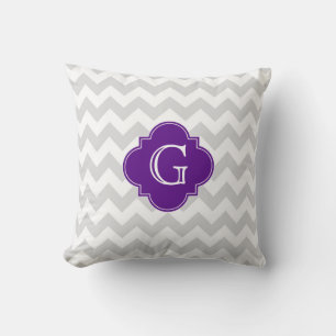 Light Grey Wht Chevron Purple Quatrefoil Monogram Cushion