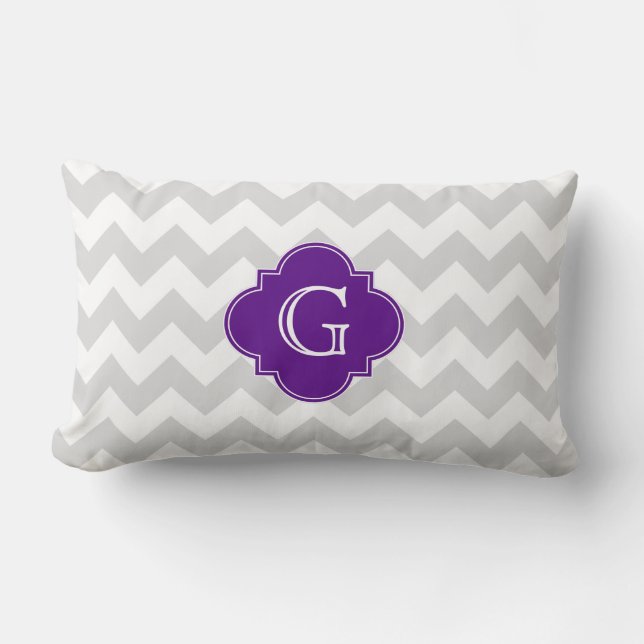 Light Grey Wht Chevron Purple Quatrefoil Monogram Lumbar Cushion (Front)