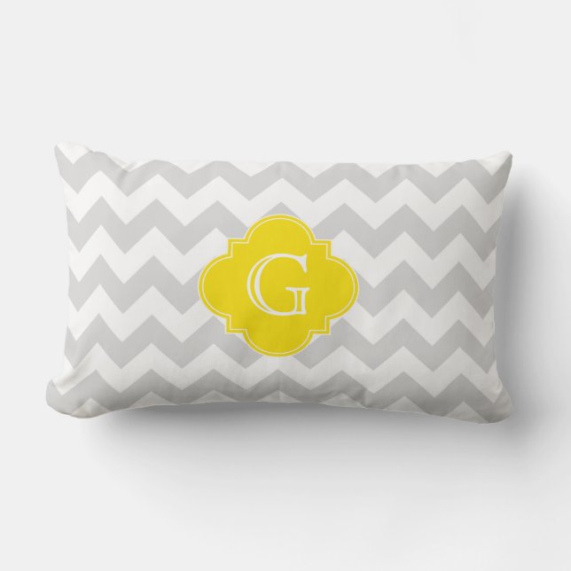 Light Grey Wht Chevron Yellow Quatrefoil Monogram Lumbar Cushion (Front)