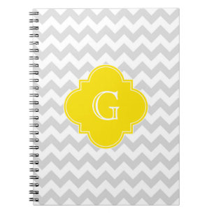 Light Grey Wht Chevron Yellow Quatrefoil Monogram Notebook
