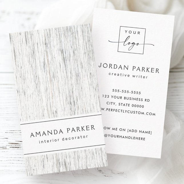 Light grey wood grain custom logo vertical business card (Light gray wood grain custom logo vertical business card)