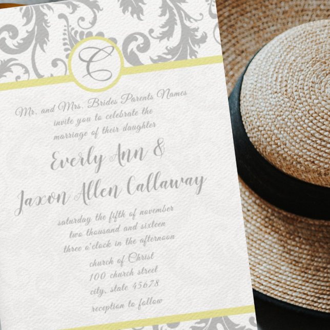 Light Grey & Yellow Iris Damask Wedding Invitation (Creator Uploaded)