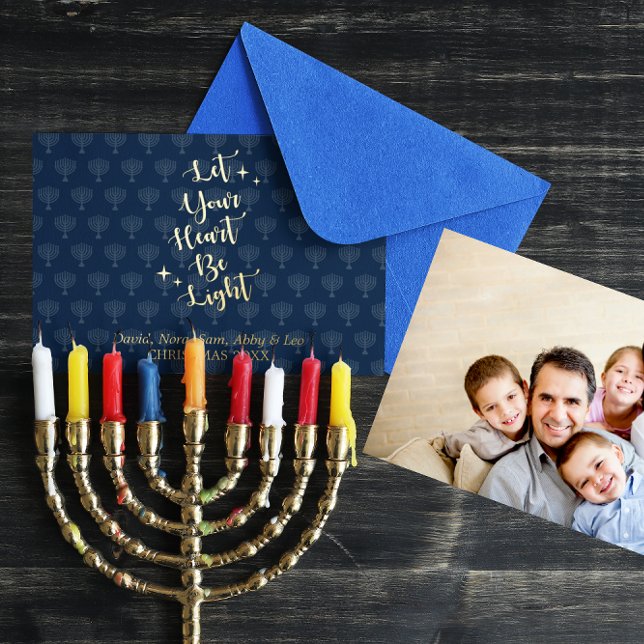 Light Heart Menorah Personalised Hanukkah Photo Foil Holiday Card (Creator Uploaded)