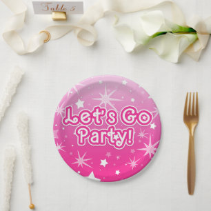 Light & Hot Pink Sparkle Stars Let's Go Party Paper Plate
