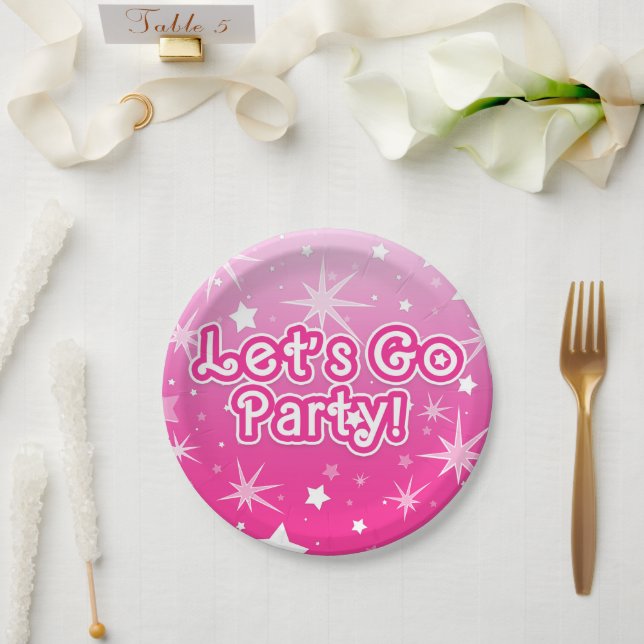 Light & Hot Pink Sparkle Stars Let's Go Party Paper Plate (Wedding)