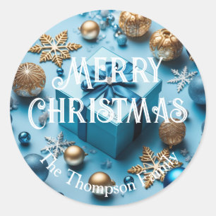 Light Ice Blue and Gold Wrapped Christmas Gifts Classic Round Sticker