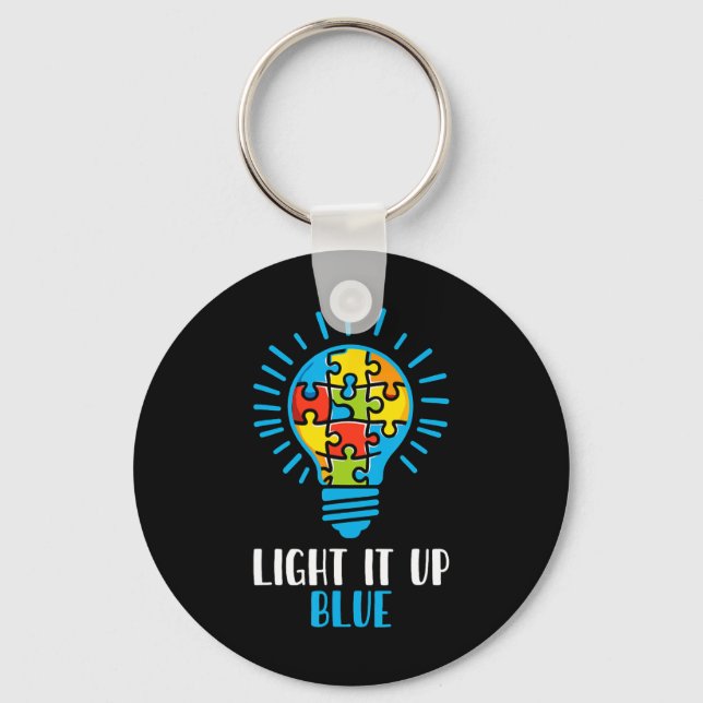 Light It Up Blue Autism Awareness Puzzle Light Bul Key Ring (Front)