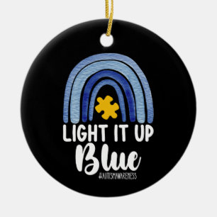 Light It Up Blue Rainbow Autism Awareness Family Ceramic Ornament