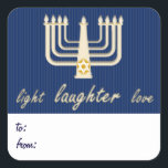 Light Laughter Love Hanukkah Gift Tag<br><div class="desc">Blue stripes and a golden menorah form the background of this holiday gift tag,  with the festive message "love laughter light" in modern gold script. Customise your own "to" & "from" message on the bottom. There are matching Hanukkah/Chanukkah cards and envelopes available in my store.</div>