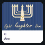 Light Laughter Love Hanukkah Gift Tag<br><div class="desc">Blue stripes and a golden menorah form the background of this holiday gift tag,  with the festive message "love laughter light" in modern gold script. Customise your own "to" & "from" message on the bottom. There are matching Hanukkah/Chanukkah cards and envelopes available in my store.</div>