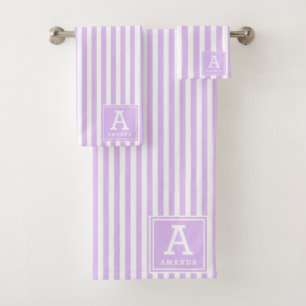Light Lavender Cabana Stripes Monogrammed Initials Bath Towel Set