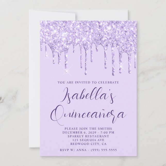 Light Lavender Glitter Drips Quinceañera Invitation (Front)