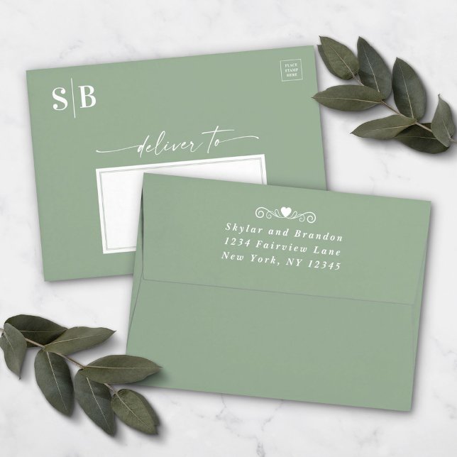 Light Leaf Green Monogram 5x7 Wedding Invitation Envelope (Creator Uploaded)