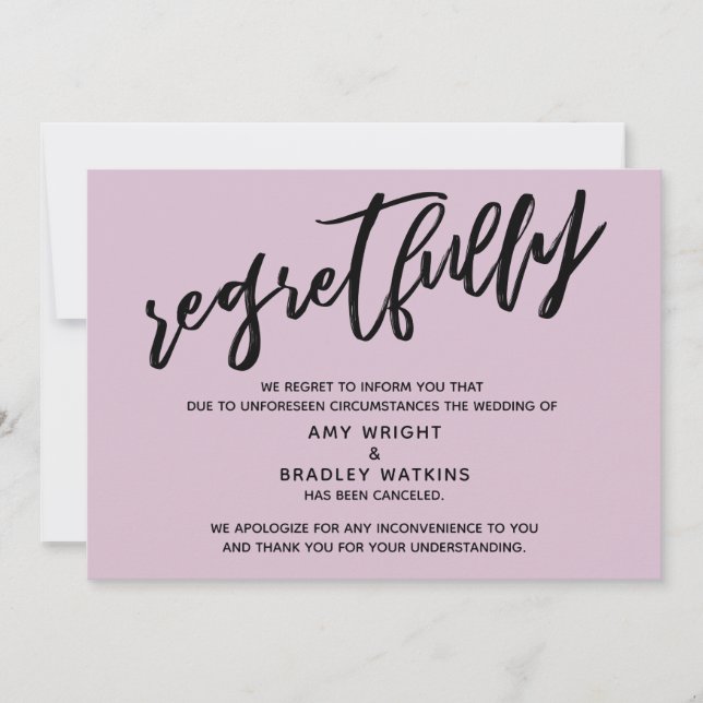 Light Mauve Regretfully Wedding Cancellation Card (Front)