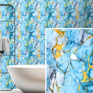 Light Mid Blue Aqua Gold Marbled  Wallpaper