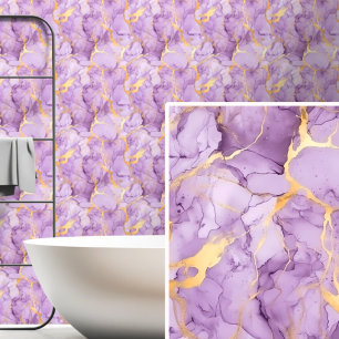 Light Mid Mauve Purple Gold Marbled Wallpaper