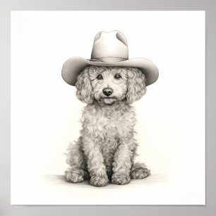 Light minimalist pencil line drawing of a Poodle Poster