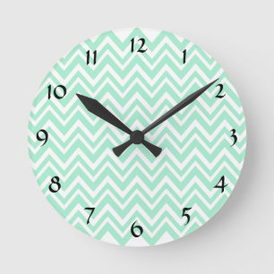 Light Mint Green and White Zigzag Pattern Round Clock