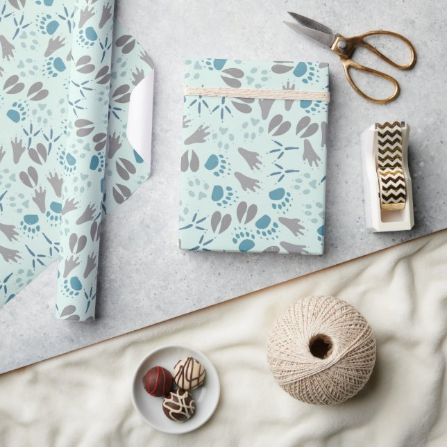Light Mint Green Blue Grey Animal Tracks Pattern Wrapping Paper (Crafts)