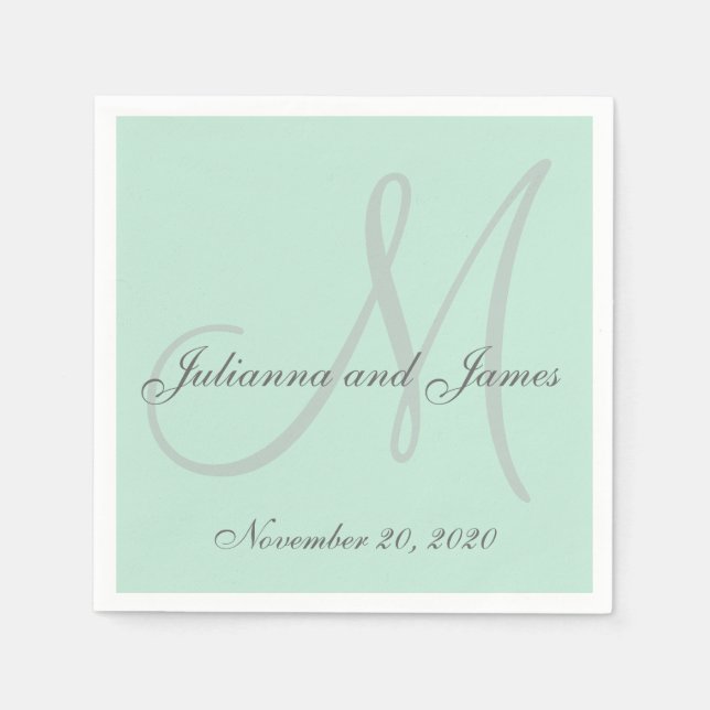Light Mint Green Coloured Monogram Paper Napkins (Front)