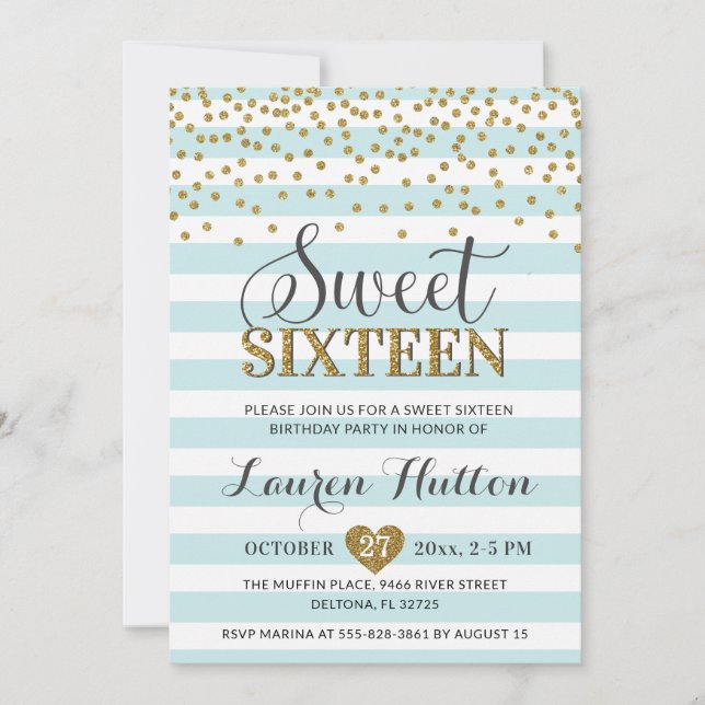 Light Mint Green Gold Sweet Sixteen Party Birthday Invitation (Front)