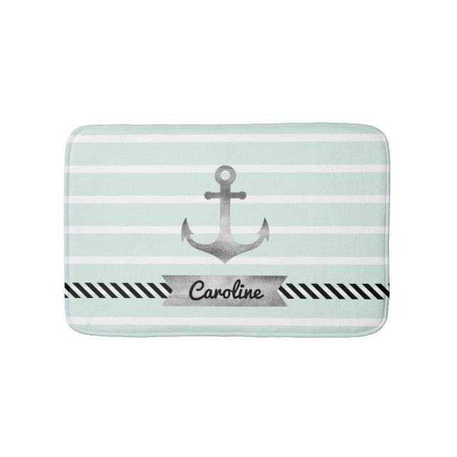 Light Mint Grey Anchor Personalised Bath Mat (Front)