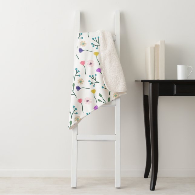 Light Modern Floral Pattern White Sherpa Blanket (In Situ)