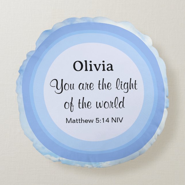 Light of the World Baby Blue Bible Verse Name Round Cushion (Front)