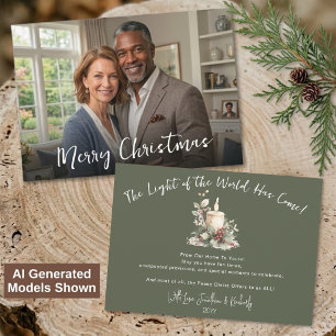 Light Of The World Sage Watercolor Candle Photo Holiday Card