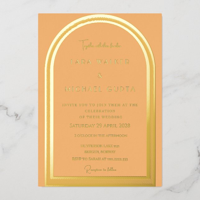 Light Orange Arch Foil Wedding Invitation (Front)