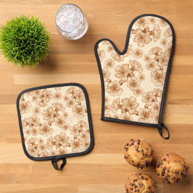 Light Orange Blossom Floral Autumn  Oven Mitt & Pot Holder Set (Top Down)