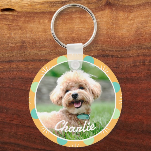 Light Orange Boho Pattern Personalised Pet Photo Key Ring (Front)