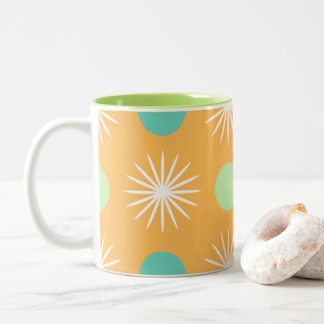 Light Orange Boho Retro Pattern Two-Tone Coffee Mug (With Donut)