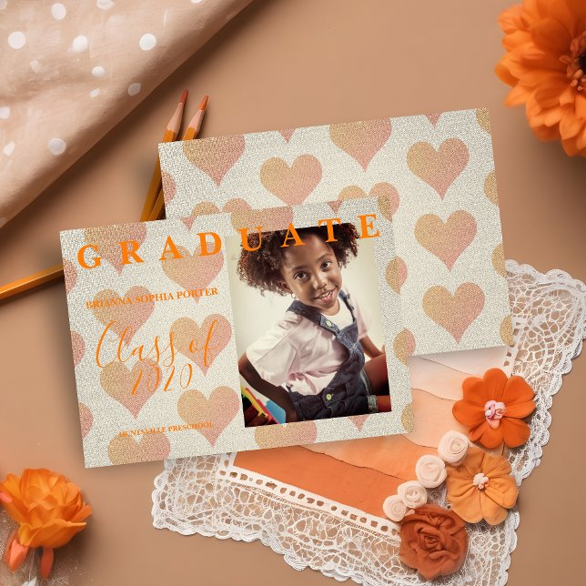 Light Orange Heart Pattern Graduation Photo (Light Orange Heart Pattern Graduation Photo Announcement Card.)