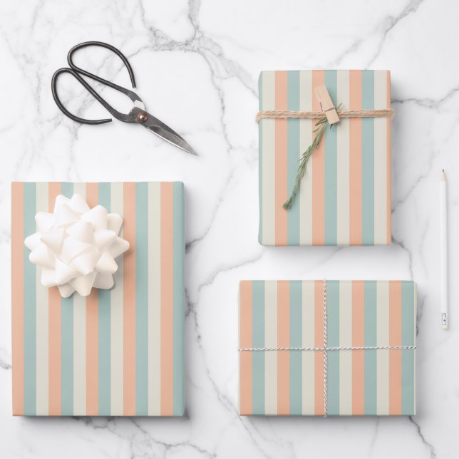 Light Orange / Sage Green / Yellow Stripes Wrapping Paper Sheet (Front)
