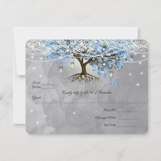 Light Pale Dusty Blue Heart Leaf Tree Forest Rsvp Card (Front)